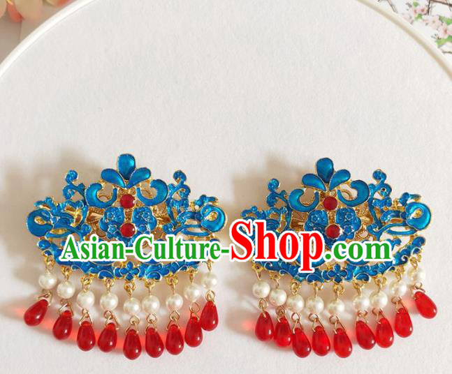 Traditional Chinese Qing Dynasty Blueing Hairpins Headdress Ancient Court Hair Accessories for Women