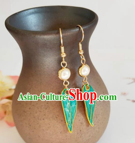 Traditional Chinese Handmade Green Bamboo Leaf Earrings Ancient Hanfu Ear Accessories for Women