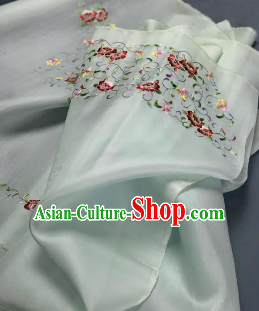 Chinese Traditional Embroidered Flowers Pattern Design Light Green Silk Fabric Asian Hanfu Material