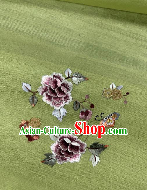 Chinese Traditional Embroidered Peony Pattern Design Green Silk Fabric Asian Hanfu Material