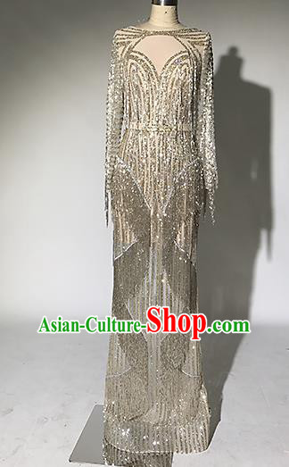 Top Grade Modern Dance Golden Paillette Tassel Full Dress Catwalks Compere Costume for Women