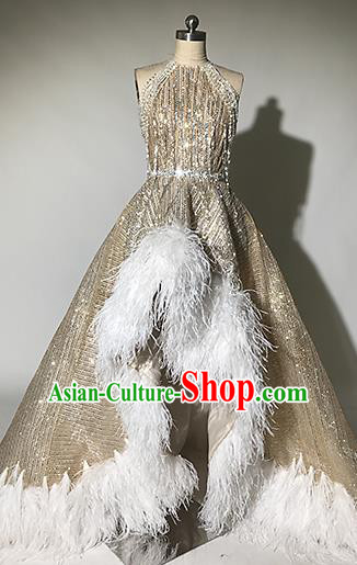 Top Grade Modern Dance Feather Golden Trailing Full Dress Catwalks Compere Costume for Women