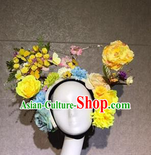 Traditional Chinese Stage Show Yellow Peony Hair Crown Headdress Handmade Catwalks Hair Accessories for Women
