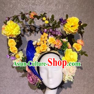 Traditional Chinese Stage Show Yellow Flowers Hair Crown Headdress Handmade Catwalks Hair Accessories for Women