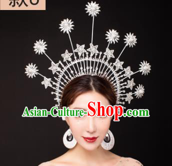 Traditional Chinese Stage Show Crystal Star Royal Crown Headdress Handmade Catwalks Hair Accessories for Women