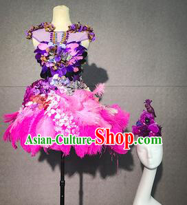 Top Grade Modern Dance Fairy Purple Feather Flowers Short Dress Catwalks Compere Costume for Women