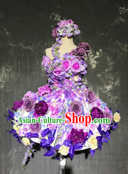 Top Grade Modern Dance Fairy Purple Peony Flowers Short Dress Catwalks Compere Costume for Women