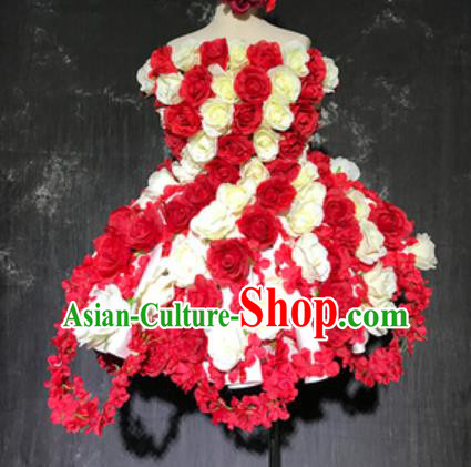 Top Grade Modern Dance Fairy Red Rose Flowers Short Dress Catwalks Compere Costume for Women