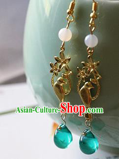 Traditional Chinese Handmade Golden Bird Earrings Ancient Hanfu Green Crystal Ear Accessories for Women
