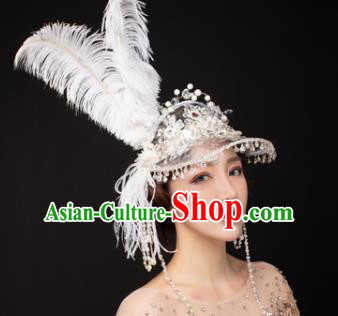Traditional Chinese Stage Show Feather Top Hat Headdress Handmade Catwalks Hair Accessories for Women