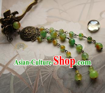 Traditional Chinese Bride Green Beads Tassel Hairpin Headdress Ancient Court Hair Accessories for Women