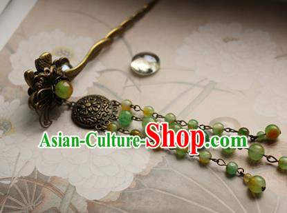Traditional Chinese Bride Green Beads Tassel Hairpin Headdress Ancient Court Hair Accessories for Women