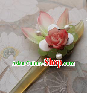 Traditional Chinese Bride Pink Rose Hairpin Headdress Ancient Court Hair Accessories for Women