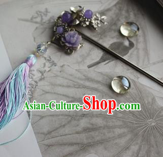 Traditional Chinese Bride Purple Peony Hairpin Headdress Ancient Court Hair Accessories for Women