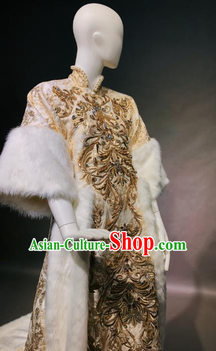 Top Grade Modern Dance Costume Catwalks Embroidered Golden Qipao Dress for Women