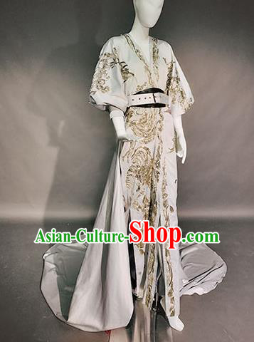 Top Grade Modern Dance Compere Beige Full Dress Catwalks Embroidered Costume for Women