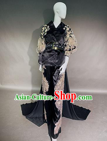 Top Grade Modern Dance Compere Black Full Dress Catwalks Embroidered Costume for Women