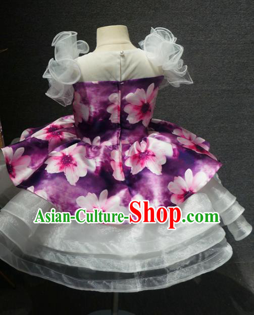 Top Grade Children Birthday Purple Printing Bubble Short Dress Catwalks Stage Show Princess Costume for Kids