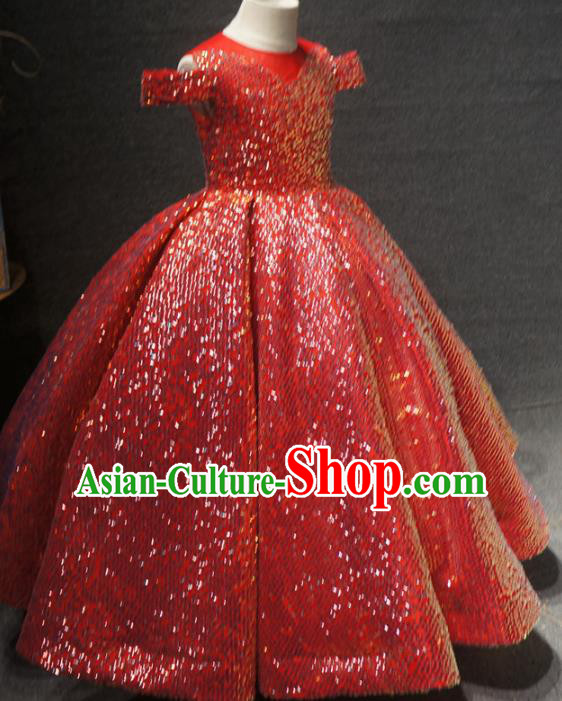 Top Grade Children Birthday Red Full Dress Catwalks Stage Show Princess Costume for Kids