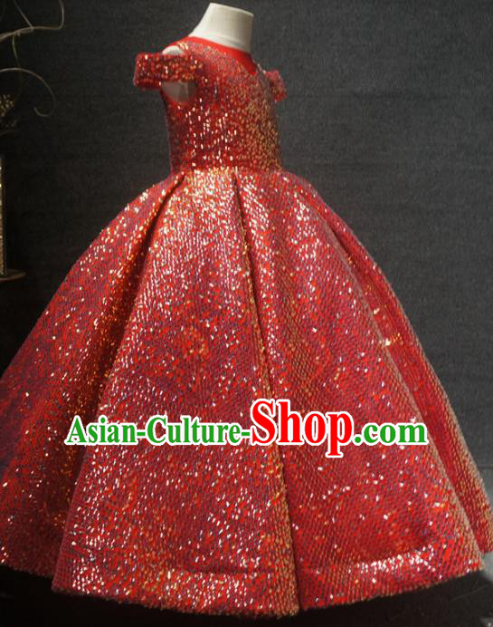 Top Grade Children Birthday Red Full Dress Catwalks Stage Show Princess Costume for Kids