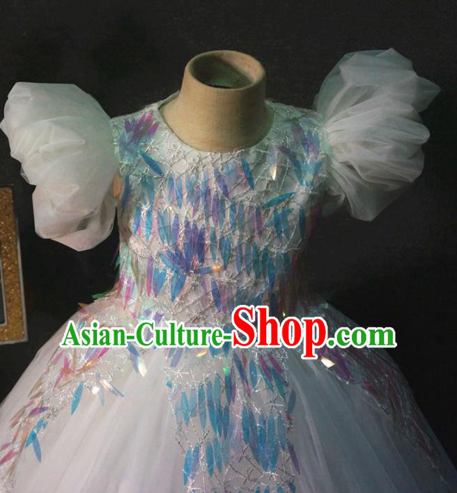 Top Grade Children Princess Sequins White Full Dress Catwalks Stage Show Birthday Costume for Kids