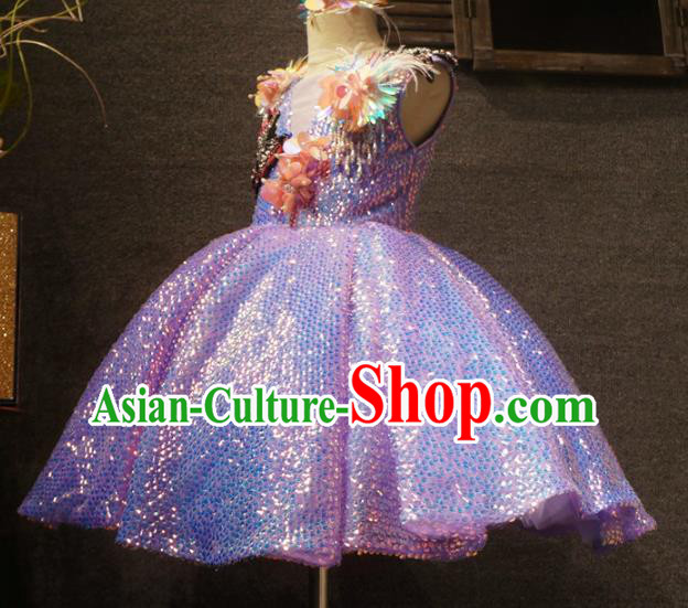 Top Grade Children Princess Lilac Sequins Dress Catwalks Stage Show Birthday Costume for Kids