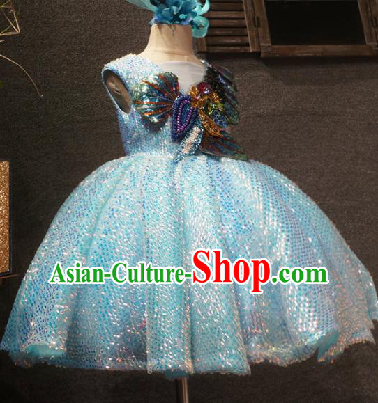 Top Grade Children Princess Light Blue Sequins Dress Catwalks Stage Show Birthday Costume for Kids