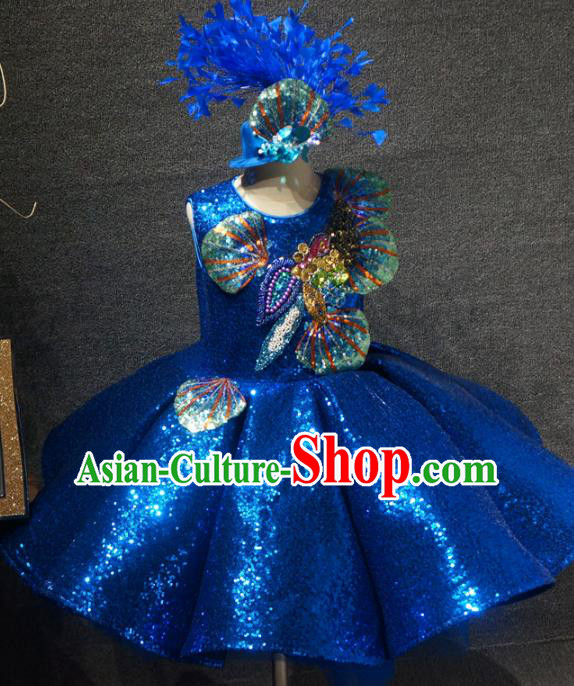 Top Grade Children Modern Dance Royalblue Short Dress Catwalks Stage Show Birthday Costume for Kids