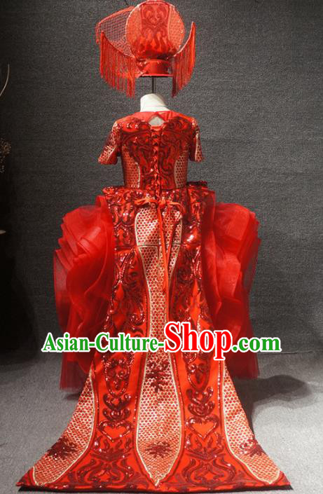 Traditional Chinese Compere Embroidered Red Dress Catwalks Stage Show Costume for Kids