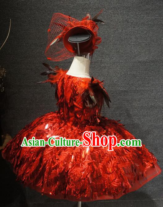 Traditional Chinese Compere Red Feather Short Dress Catwalks Stage Show Costume for Kids