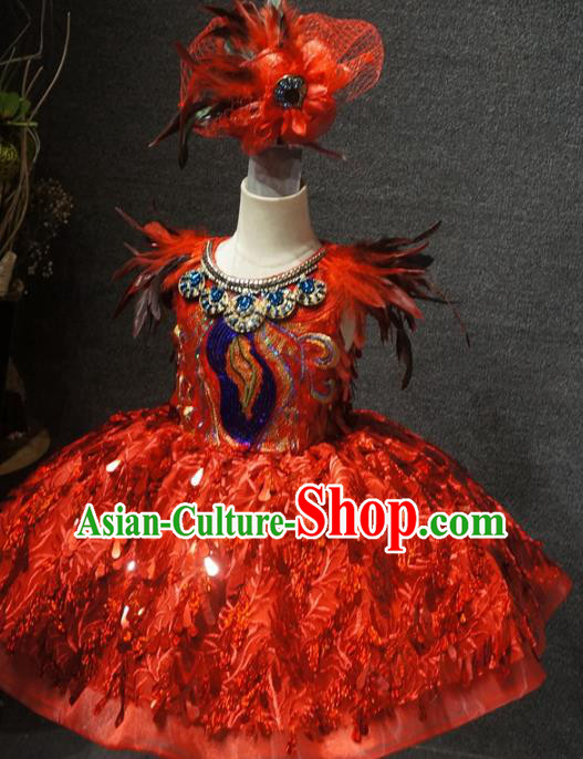 Traditional Chinese Compere Red Feather Short Dress Catwalks Stage Show Costume for Kids