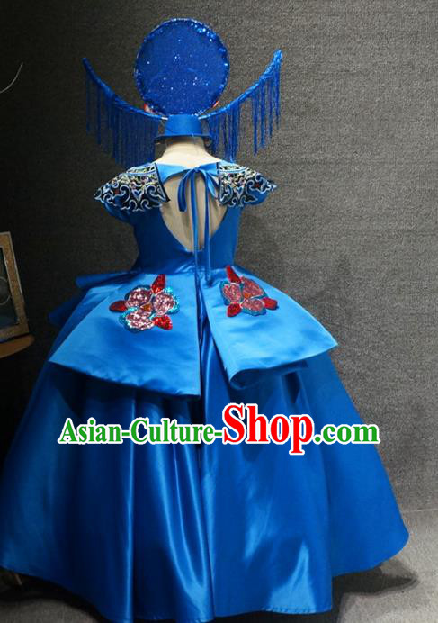 Traditional Chinese Compere Royalblue Full Dress Catwalks Stage Show Costume for Kids