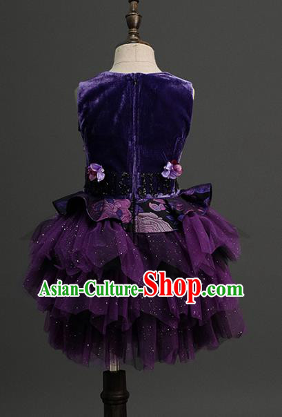Top Children Compere Purple Veil Short Full Dress Catwalks Princess Stage Show Dance Costume for Kids