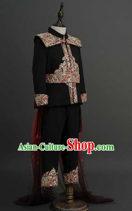Traditional Chinese Children Catwalks Black Tang Suit Compere Stage Performance Costume for Kids