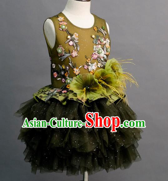 Top Children Compere Olive Green Short Full Dress Catwalks Princess Stage Show Dance Costume for Kids