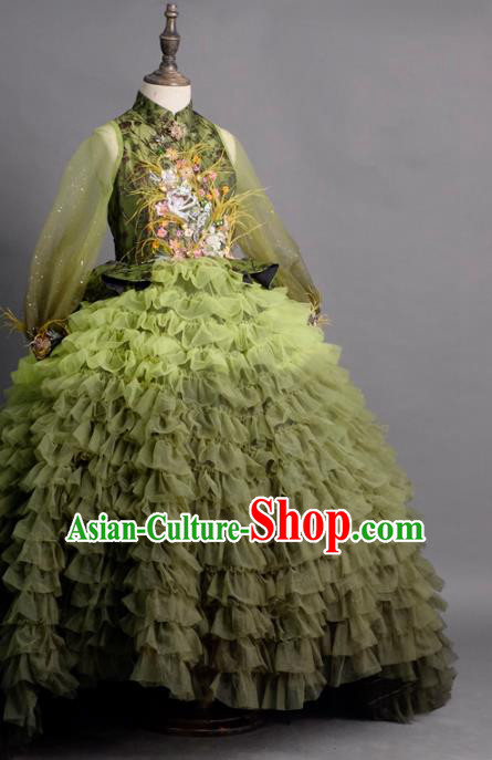 Top Children Compere Green Veil Full Dress Catwalks Princess Stage Show Dance Costume for Kids