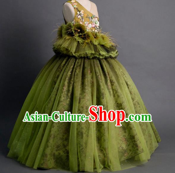 Top Children Princess Compere Green Veil Full Dress Catwalks Stage Show Dance Costume for Kids