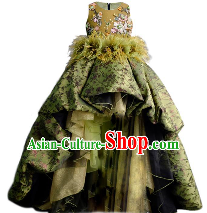 Top Children Princess Compere Green Feather Printing Full Dress Catwalks Stage Show Dance Costume for Kids