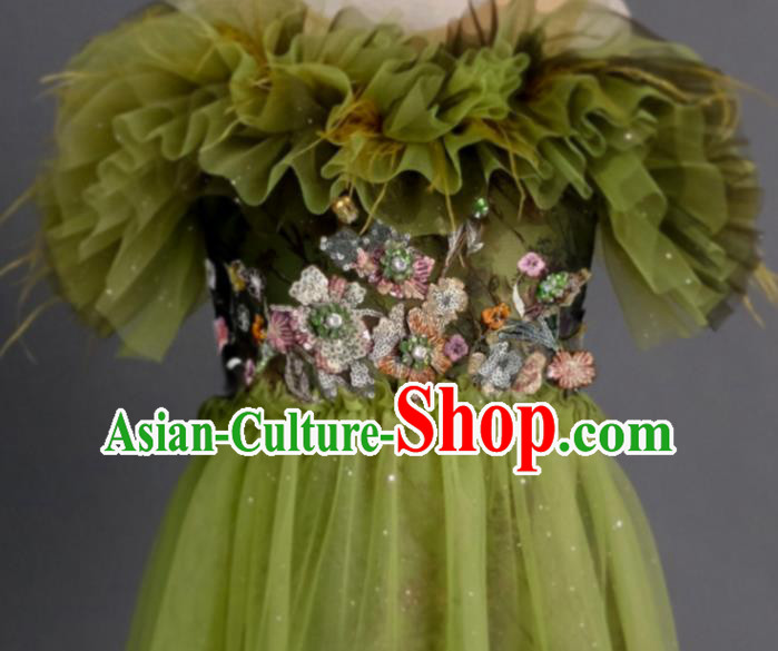 Top Children Princess Compere Green Full Dress Catwalks Stage Show Dance Costume for Kids