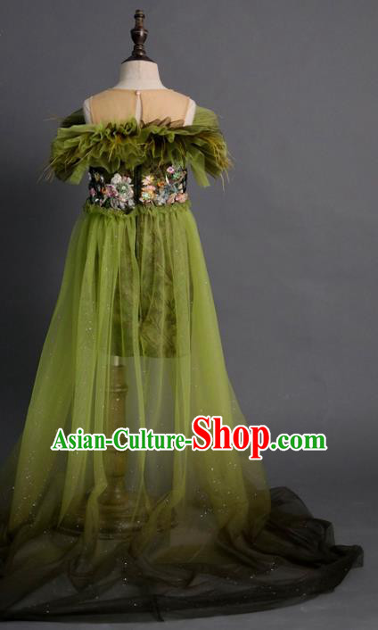 Top Children Princess Compere Green Full Dress Catwalks Stage Show Dance Costume for Kids