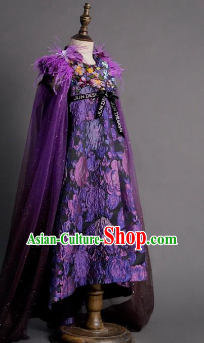 Top Children Princess Compere Purple Cloak Full Dress Catwalks Stage Show Dance Costume for Kids
