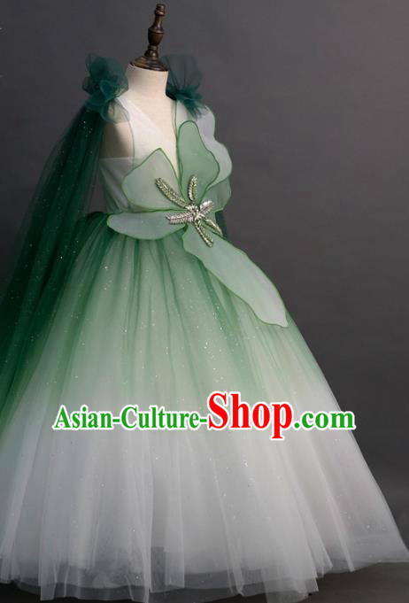 Top Children Fairy Princess Compere Light Green Full Dress Catwalks Stage Show Dance Costume for Kids
