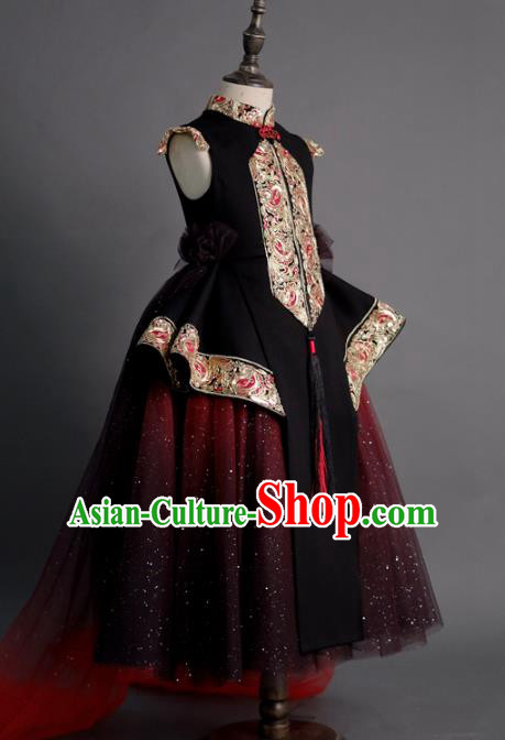 Traditional Chinese Catwalks Chorus Embroidered Black Full Dress Compere Stage Performance Costume for Kids