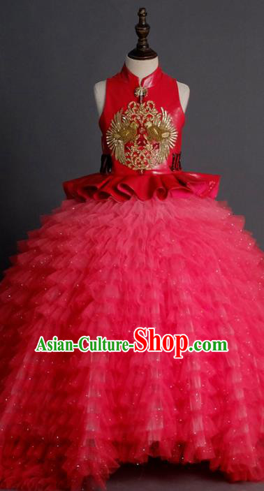 Traditional Chinese Catwalks Chorus Red Veil Trailing Qipao Dress Compere Stage Performance Costume for Kids