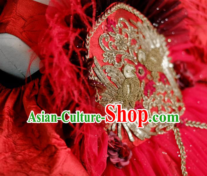 Traditional Chinese Catwalks Chorus Red Feather Qipao Dress Compere Stage Performance Costume for Kids