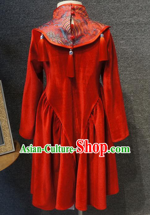 Traditional Chinese New Year Red Qipao Dress Catwalks Compere Stage Show Costume for Kids