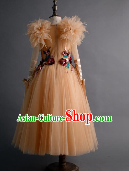 Top Children Compere Embroidered Apricot Full Dress Catwalks Stage Show Dance Costume for Kids