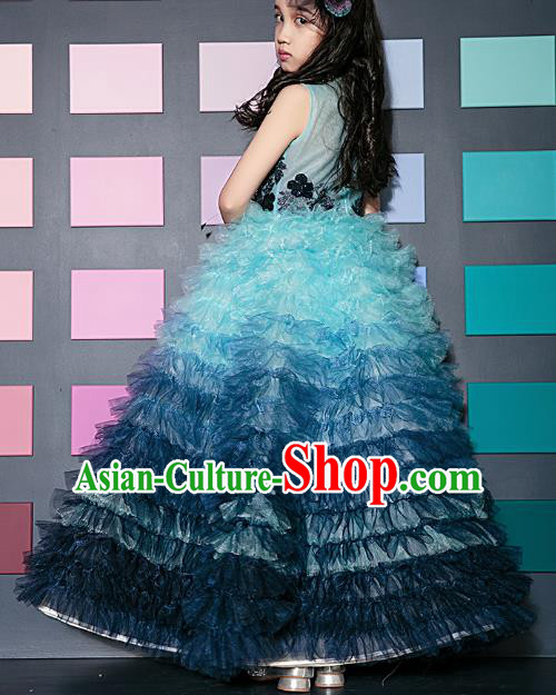 Top Children Compere Blue Veil Bubble Full Dress Catwalks Stage Show Dance Costume for Kids
