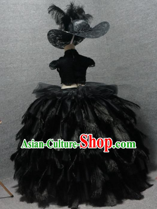 Top Children Piano Recital Black Feather Full Dress Catwalks Princess Stage Show Birthday Costume for Kids