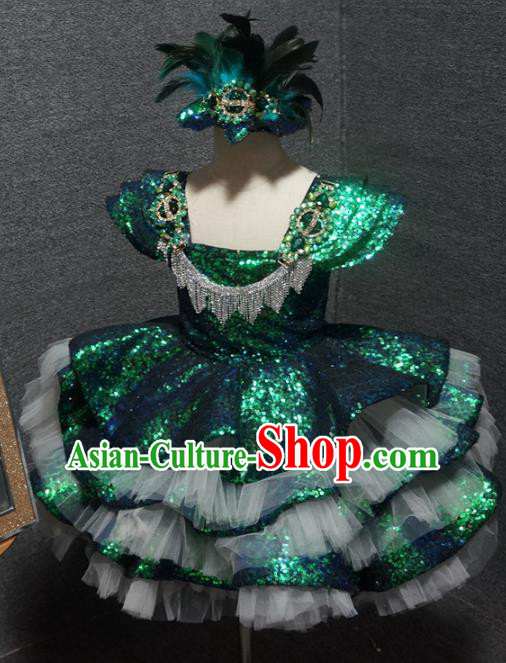Top Children Piano Recital Green Sequins Short Dress Catwalks Princess Stage Show Birthday Costume for Kids